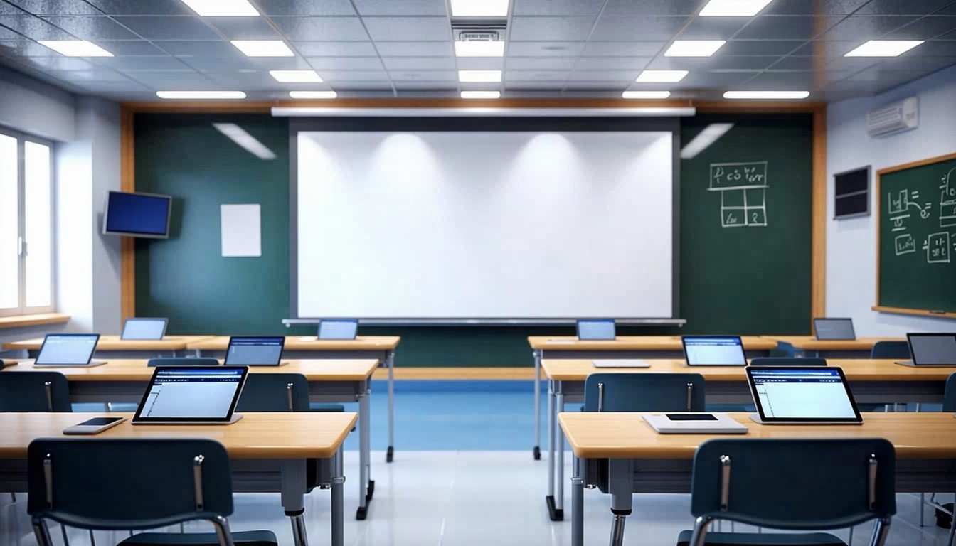 light clean classroom, technology in higher education school university classrooms with tablets